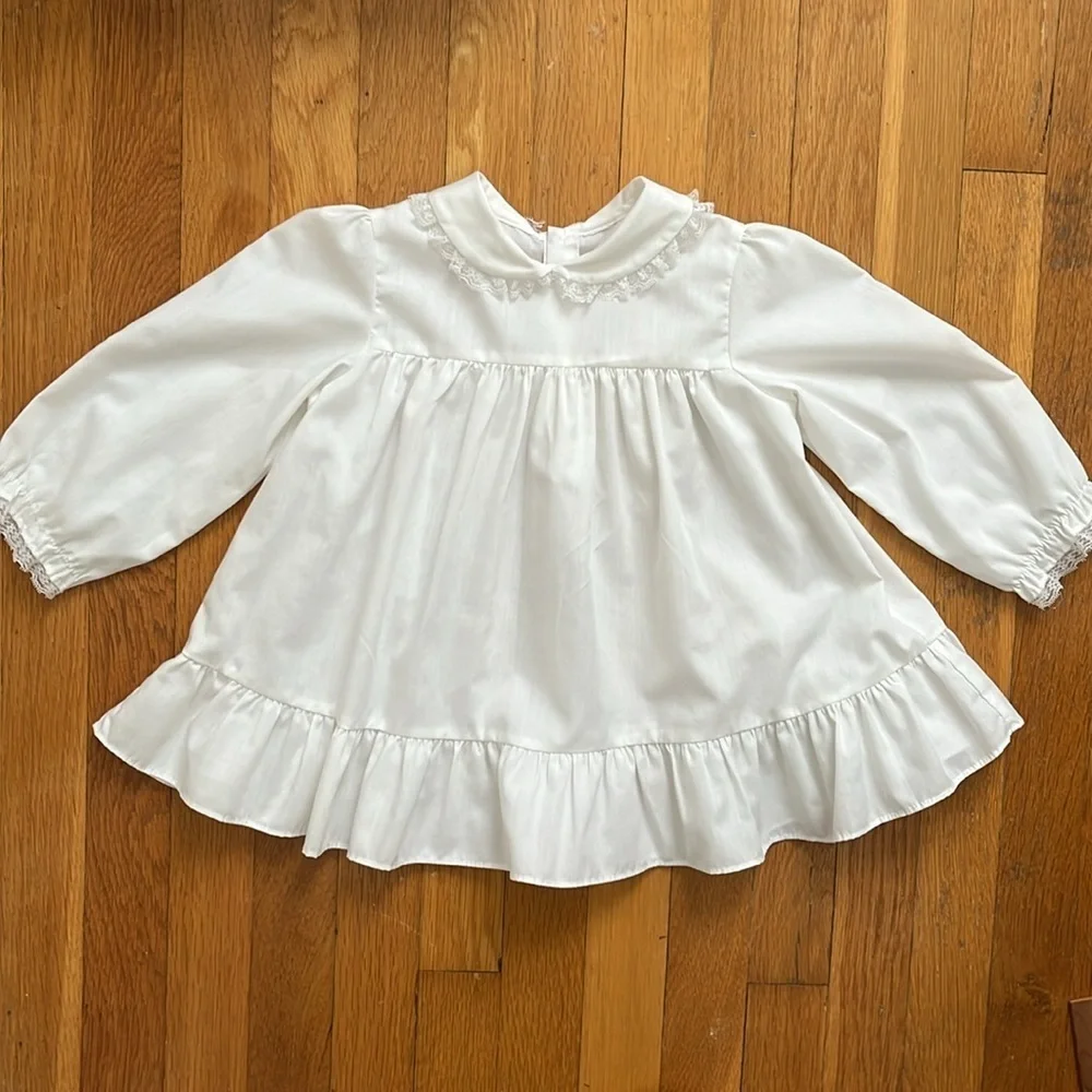 Vintage Child’s Lace Edged Collar Ruffle Hem White Holiday Blouse Top